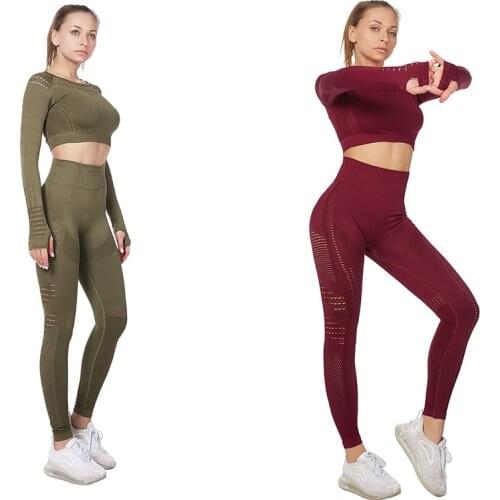 Vital Women Sport Suit Yoga Set Gym Workout Clothes Long Sleeve Fitness Crop Top + High Waist Energy Seamless Leggings