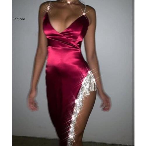 Diamonds Tassel Sexy Dress Women Elegant Evening Bodycon Party Dresses Spaghetti Strap Long High Split Maxi Dress