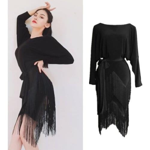 New Latin Dance Dress Long Sleeves Black Fringe Dresses For Women Practice Clothes Samba Rumba Tango Performing Costume DNV13846