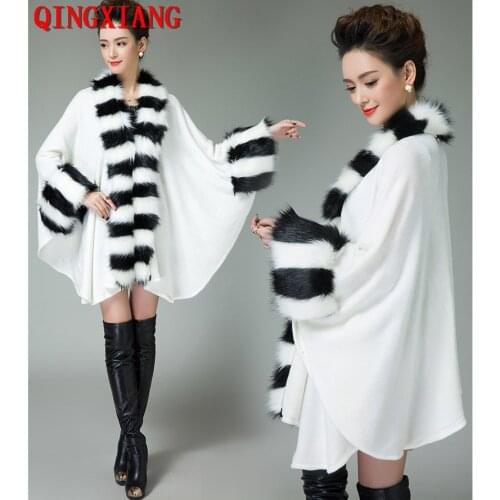 8 Colors White Interval Faux Fox Fur Big Pendulum Coat Women Loose Poncho Winter Warm Thick Outwear Long Batwing Sleeve Cloak