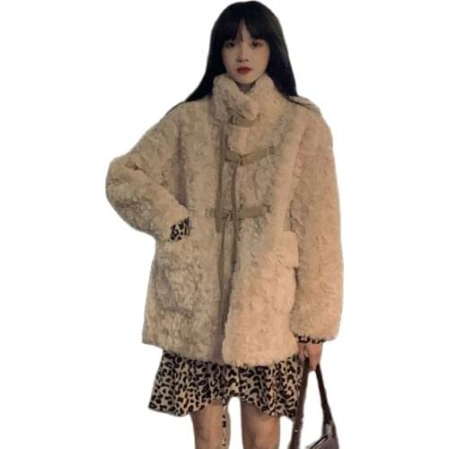 Winter Womens Fur Jacket 2021 New Vintage Warm Coat Imitation Lamb Hair Outerwear Fried Street Long-Sleeved Women Fur Overcoat