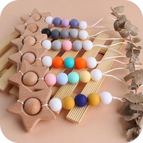 1pc Baby Teether Pacifier Chain Beech Wood Star Pendant For Nipple Food Grade Silicone Beads Teether Holder Tiny Rod Bebe Toys