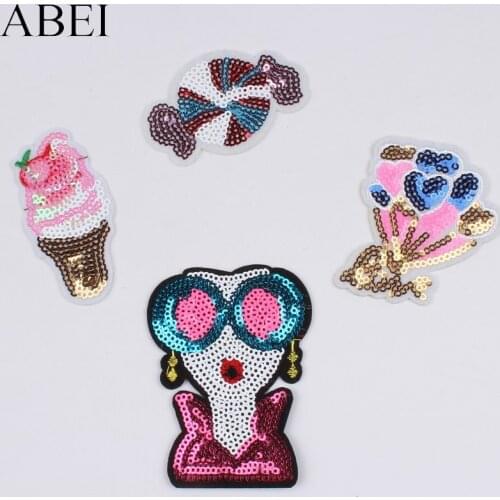 10pcs/lot Sequined Ice Cream Girl Candy Flower Patch Iron On Sew On Cartoon Stickers For Jeans Backpack Hats Decoration Applique
