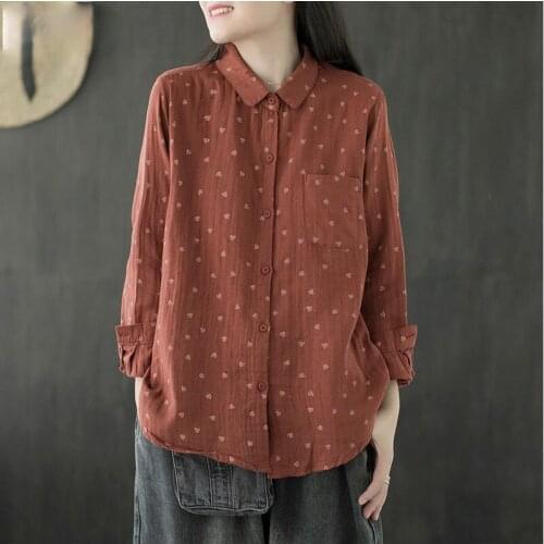 2021 Autumn Fashion Ladies Casual Turn Down Collar Cotton Blouses Women Long Sleeve Loose Shirts Women Vintage Printed Tops Q554