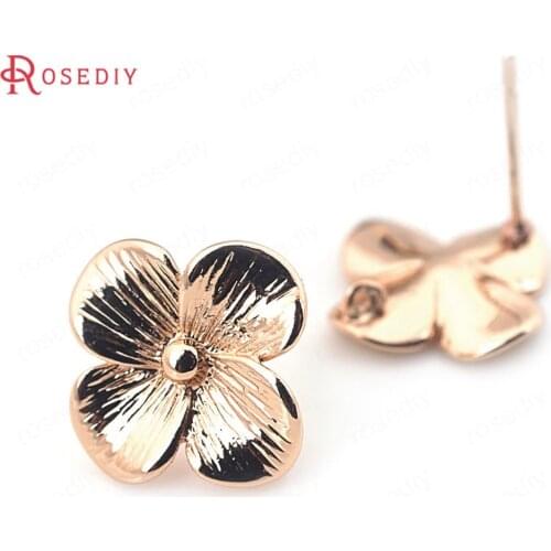 High Quality 14mm 24K Champagne Gold Color Plated cross-flower Palm Copper Earring Stud Diy Jewelry Findings 6 Pieces(JM5620)