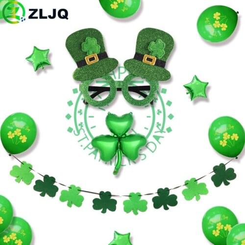 ZLJQ Lucky Green Clover Balloon Banner Glasses Irish St. Patrick 's Day Decorations Irish Shamrock Party Celebration Supplies