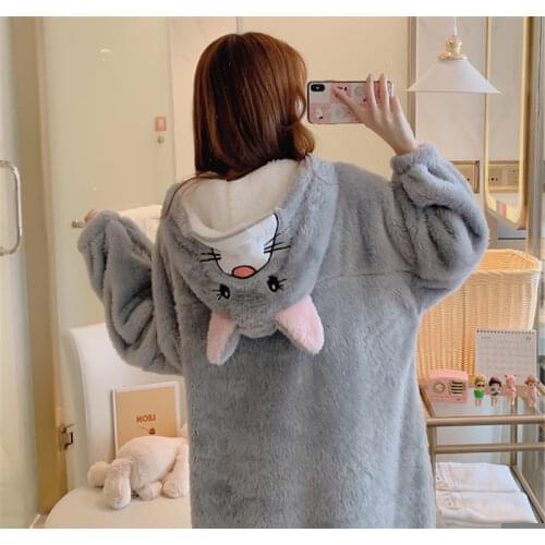 Coral velvet pajamas female cute bear paw robe thickened warmth plus size loose bathrobe home service casual fashion sleepwear