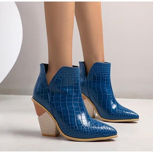 Brand design Ankle Boots Women Pu Leather Wedges High Heels Western Boots Pointed Toe Zipper Fashion Autumn Winter Womens Shoes