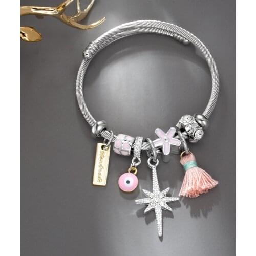 Ethnic Evil Eye Tassel Charm Bracelets Bangles For Women Bohemia Crystal Star Letters Stainless Steel Cuff Bracelet Jewelry 2021