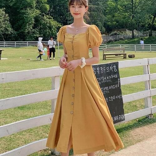 Retro Casual Beach Vacation Dresses New Women Long Yellow Vintage Dress Summer 2021 Runway Elegant Korean Tea Party Night Dress