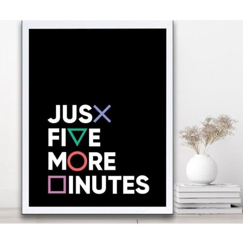 Gamer Gaming Geek Wall Art Poster Canvas Painting Playstation Buttons Just Five More Minutes Game Pad Controller Boys Room Decor