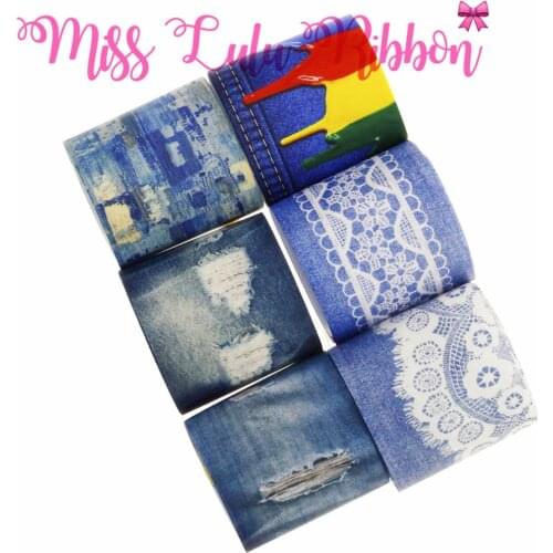 16mm-75mm Jeans Series Denim Like Printed Grosgrain/Foe Ribbon Lace Webbing DIY Hair Band 50yards/roll Gift Bowknots Making