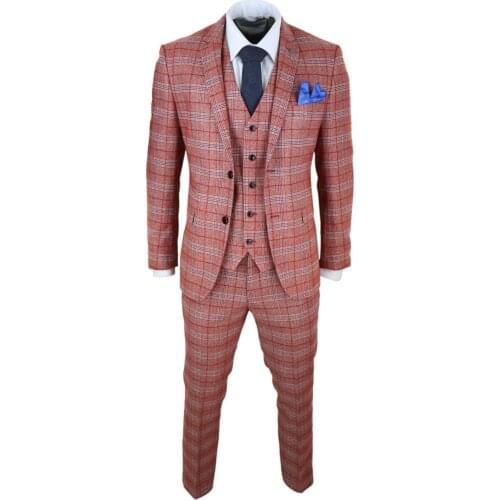 Mens Three Piece Tweed Tartan Suit Herringbone Retro Fashion Burgundy