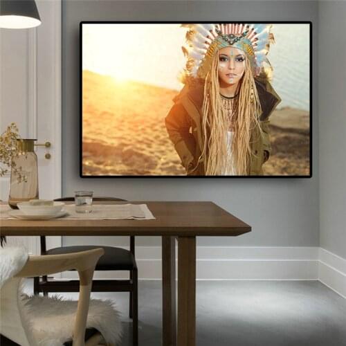 Native Girl Feather Sunsets Landscape Canvas Painting Cuadros Posters and Prints Wall Art Picture for Living Room Decor