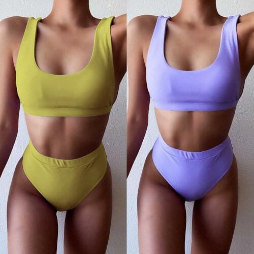 2021 New Sexy Solid Color Female Swimsuit High Waist Bikini Women Swimwear Two-pieces Bikini set Bather Bathing Suit Swim