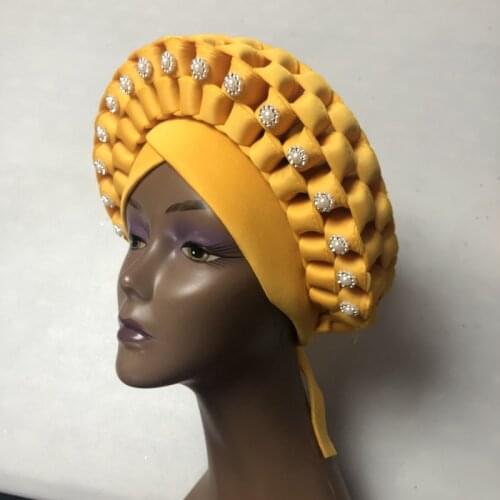 New design 2020 auto gele headtie turban cap with white beads African Women Hats Nigerian Turban Gele best selling auto gele