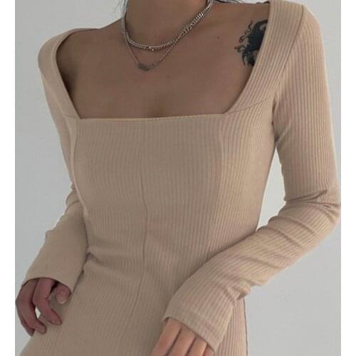 Autumn And Winter Elegant Square Neck Ribbed Womens Side Knitted Slit Tight-fitting Dress Long-sleeved Fashion Mini Basic Dress
