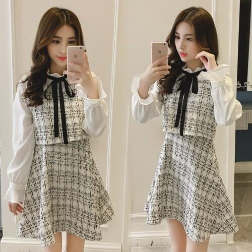 Autumn and Winter Woman One Piece Dress Bow Tied Collar Plaid Mini Chiffon Dress Ruffle Long Sleeve Korean Slim High Waist Sweet
