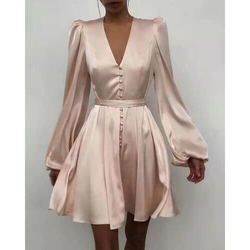 Spring autumn lantern long sleeve vneck pin up midi dress Female A-Line button-up party swing dress Beige blue pink black frocks