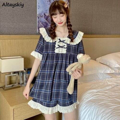 Plaid Women Pajama Sets Sailor Collar Short Sleeve Patchwork Ruffles Bow Japanese Style Kawaii Student All-match Simple Homewear
