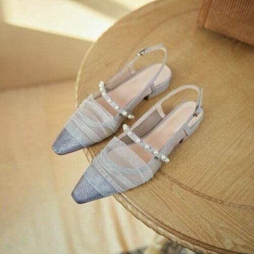 Sandals Women Summer New Fashion Womens Sandals 2021 Mesh Pointed Sandals Leather Sandals Square Heel Back Strap Female Shoes