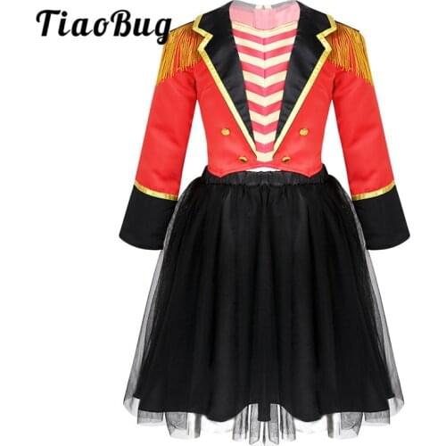 TiaoBug Kids Circus Ringmaster Costume Long Sleeves Tassel Epaulette Jacket with Mesh Tutu Skirt Girls Halloween Carnival Outfit
