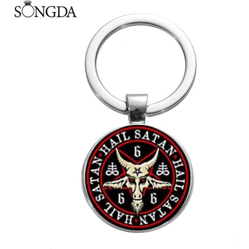 Vintage Pentagram Keychain Gothic Red Goat Head Printed Glass Cabochon Key Ring Holder Satanism Devil Trinkets for Men