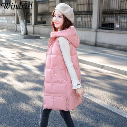 Windriel 2021 Sweet Warm Long Waistcoat Women Hooded Solid Vest Coat Female Cotton Padded Coat Parka Sleeveless S-3XL
