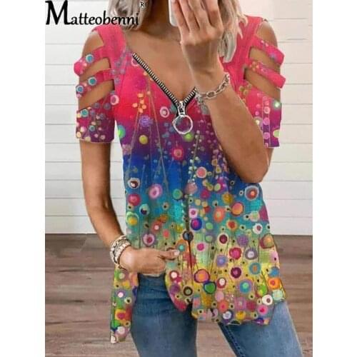 2021 Women T Shirts Casual Stars Flowers Print Short Sleeve V-Neck Zipper Off Shoulder Top Street Style Female Oversized T-Shirt