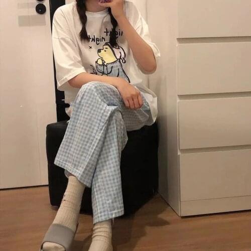 Plus Size Summer And Autumn Women Sleepwear Bear Print Long Pants Short Sleeve Shirt Pajamas Korean Sweet Cute Lounge Homewear