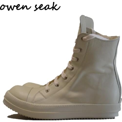 Owen Seak Women Casual Shoes Ankle Boots Genuine Leather High-TOP Sneaker Luxury Trainers Boots Lace-up Zip Flat White Big Shoes