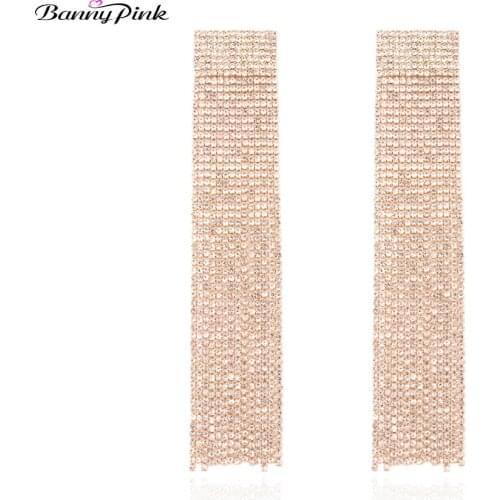 Banny Pink long Rhinestone Chain Tassel Studs Earrings For Women Wedding Crystal Pendant Post Earrings Fashion Bridal Jewelry