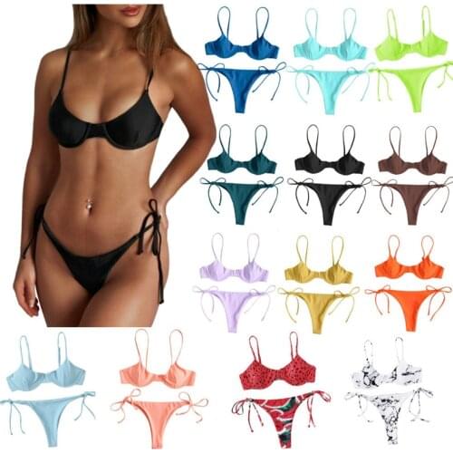 13 Colors Women Bikini 2021 Fashion Solid Color V-Neck Push Up Bikini Set Ladies Lace Up Low Waist Swimsuits With Chest Pad