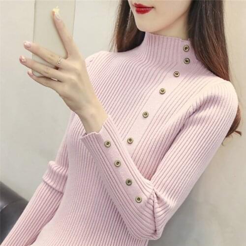 Zoki Elegant Turtleneck Women Knitted Pullover Sweater Fashion Autumn Long Sleeve Jumper Button Korean Pink Winter Streetwear