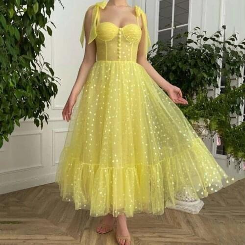 Yellow Prom Dresses A-line Spaghetti Straps Tulle Dubai Saudi Arabic Robe De Soiree Short Prom Gown Evening Dresses