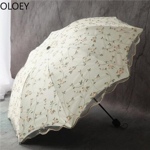 Woman Folding Umbrella Retro Ladies Lace Umbrella Rain Screen Embroidery Flowers Double Umbrella Automatic Japanese Parasol Hot