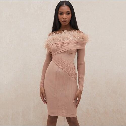 2020 Winter New Sexy Woman Long Sleeve Mesh Stitching Feather Elegant Mini Bodycon Bandage Dress Celebrity Runway Party Dresses
