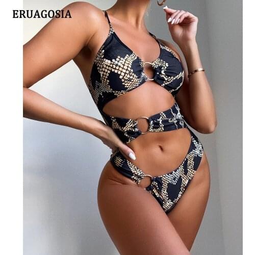 2021 V Neck Female Swimwear One Piece Swimsuit Push Up Monokini Sexy Snake Print Cut-Out Bather Bathing Suit Women Swim Bodysuit