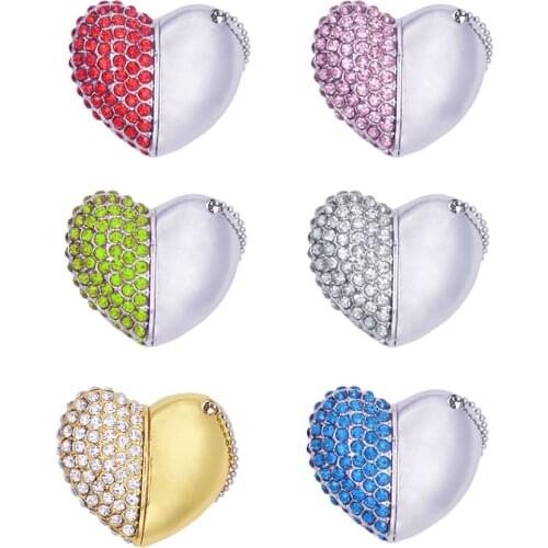 6 Colors Metal heart pen drive 4GB 8GB 16GB 32GB 64GB Diamond Heart USB 2.0 Flash Drive Memory Stick with a nice Gift Box
