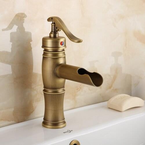 Antique Brass Waterfall Bathroom Vessel Sink Faucet Basin Single Handle Deck Mounted Mixer Tap