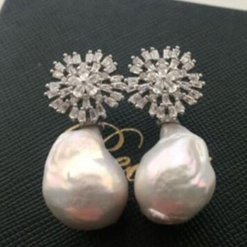 Free shipping >>>>noble jewelry gorgeous south sea baroque15-18mm white pearl earring 925s