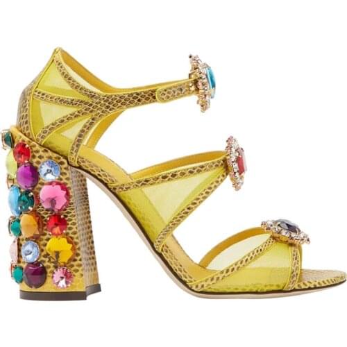Glitter women Sandals chunky heel sandals party Shoes Women open toe yellow sandals rhinestone high heels DIAMOND party shoes