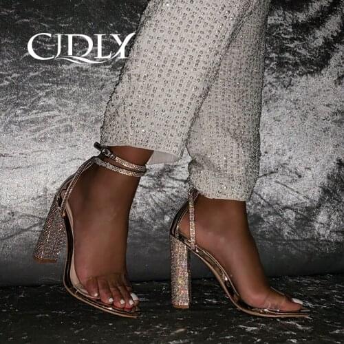 CJDLY Sexy Women Heeled Sandals Bandage Rhinestone Ankle Strap Pumps Super High Heels 10CM Square Heels Lady Shoes