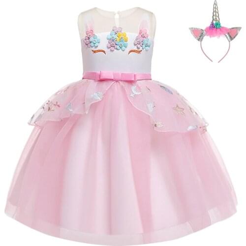 Flower Unicorn Cosplay Fancy Tutu Princess Children Birthday Party Prom Evening Infant Summer Dress Kids Vestidos Girls Clothes
