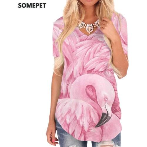 SOMEPET Flamingo T-shirt women Animal V-neck Tshirt Pink Tshirts Printed Harajuku Funny T shirts Womens Clothing Summer Printed