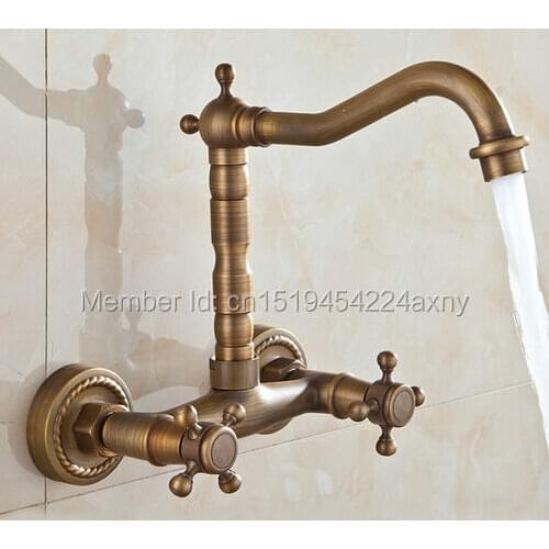 Free shipping Retro Kitchen Mixer Faucet Wall Mounted Double Handle Antique Brass Finish Bathroom hot&cold swivel mixer Tap GI85