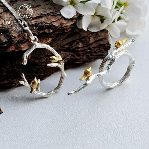 Lotus Fun Moment Real 925 Sterling Silver Natural Original Handmade Fashion Jewelry Bird on Branch Jewelry Set for Women Bijoux