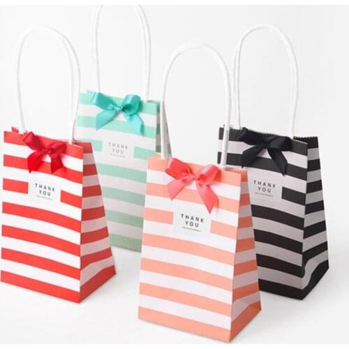 Small gift paper bag with handles bow Ribbon stripe handbag Cookies candy Festival gift packaging bags LX8709