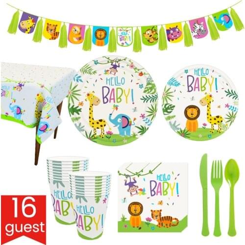 Cute Animal theme Party Supplies Kids Birthday Decoration Disposable Tableware Set Paper Plates Cup Banner