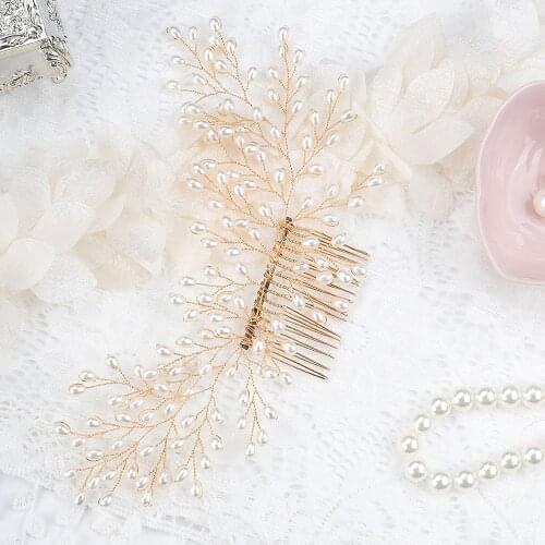 Fashion Rose Gold Pearl Hair Comb Prom Banquet Women Hair Ornaments Wedding Hair Accessories for Bride